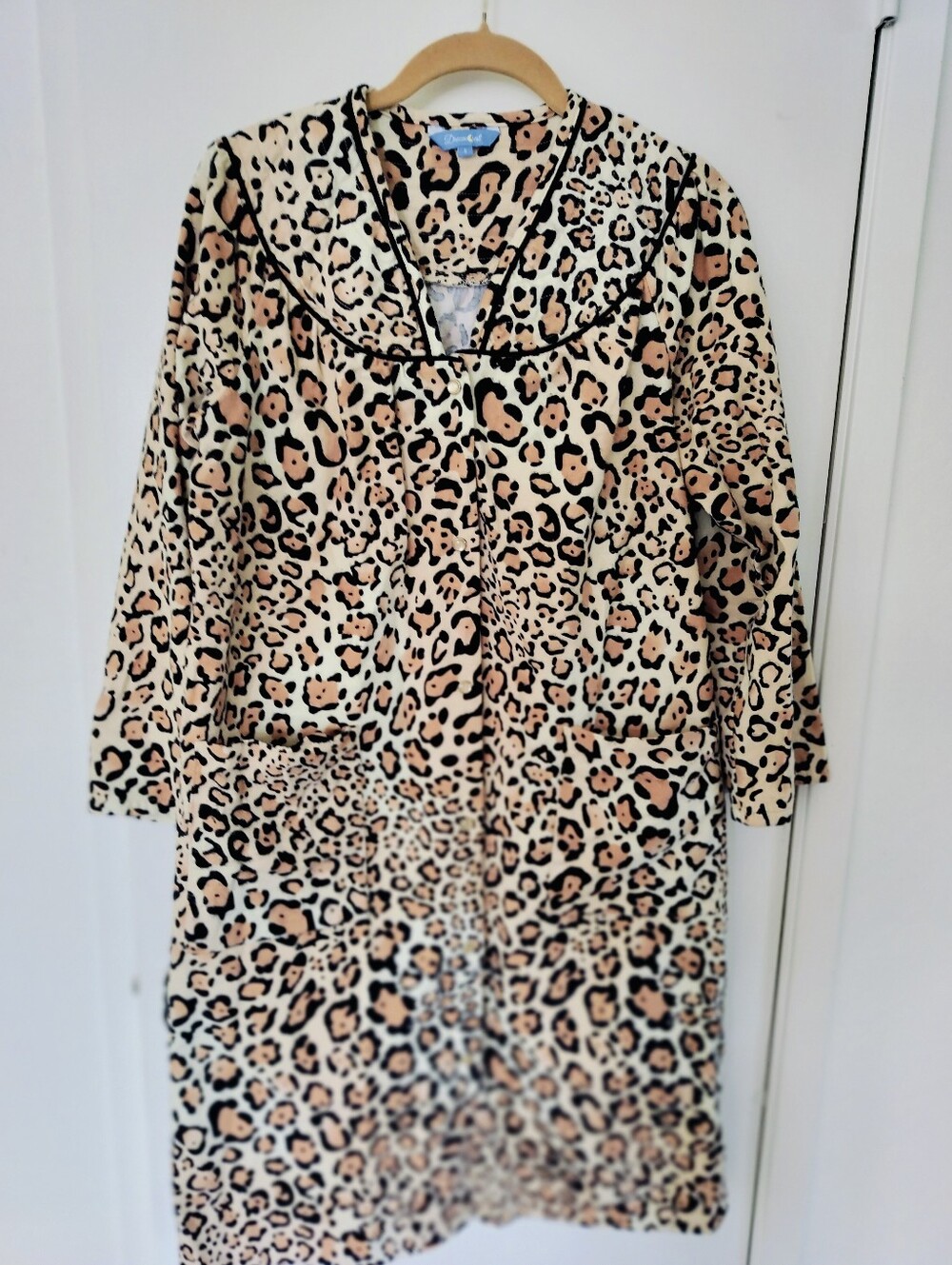 Dreamcrest Leopard Print Flannel Duster House Coat Robe Snap Front Small